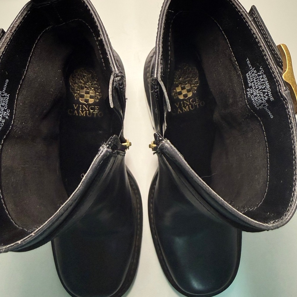 Vince Camuto Black Leather Moto Ankle Boots Gold Buckle Block‎ Heel Square Toe - Picture 13 of 15